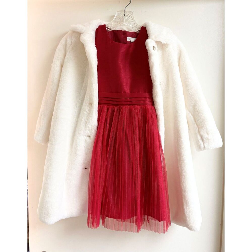 Nannette Girls Red Holiday Dress White Faux Fur Coat Set 6 6X Christmas Flower